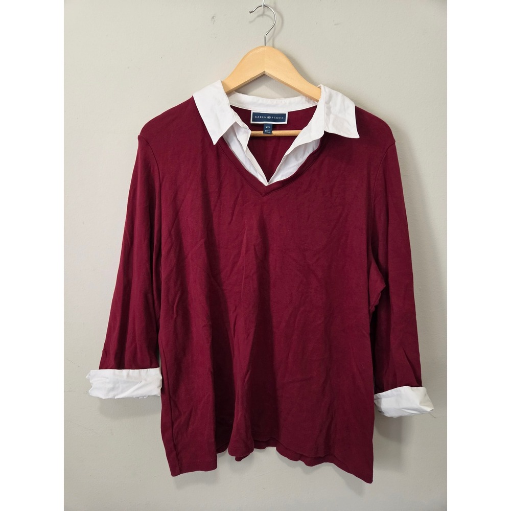 Karen Scott Womens XXL Burgundy Layered Look Top White Collar 100% Cotton Preppy